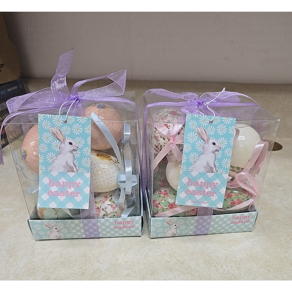 NEW Lot of 2 Pastel Floral Happy Easter‎ Eggs Hanging Home Decor Ornaments